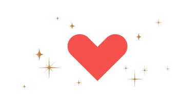 Kalp işareti, yıldızlı aşk sembolü. Yıldızlı, beyaz arkaplanlı kalp ikonu aşkı. Basit kırmızı kalp aşk emojisi sembolü, grafik altın yıldızlar, sevgililer günü kartı, düğün kartı. Vektör İllüstrasyonu