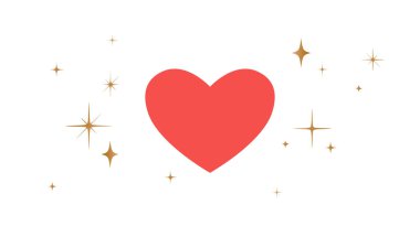 Kalp işareti, yıldızlı aşk sembolü. Yıldızlı, beyaz arkaplanlı kalp ikonu aşkı. Basit kırmızı kalp aşk emojisi sembolü, grafik altın yıldızlar, sevgililer günü kartı, düğün kartı. Vektör İllüstrasyonu