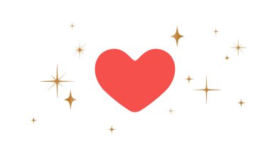 Kalp işareti, yıldızlı aşk sembolü. Yıldızlı, beyaz arkaplanlı kalp ikonu aşkı. Basit kırmızı kalp aşk emojisi sembolü, grafik altın yıldızlar, sevgililer günü kartı, düğün kartı. Vektör İllüstrasyonu