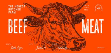 İnek, boğa, sığır kafası, etiket etiketi. Şablon Etiketi. Klasik baskı, etiket, etiket domuz çizimi mürekkep çizimi. Kasap ineği, boğa, et dükkanı, yazı, tipografi. Vektör İllüstrasyonu