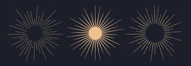 Güneş ışığı, güneş ışığı. Klasik ışık ışınları, güneş ışığı ve güneş ışınları. El çizimi siyah tasarım elementleri, doğrusal çizim, arka planda klasik retro tarzı. Vektör İllüstrasyonu