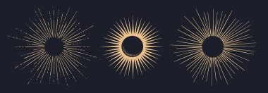 Güneş ışığı, güneş ışığı. Klasik ışık ışınları, güneş ışığı ve güneş ışınları. El çizimi siyah tasarım elementleri, doğrusal çizim, arka planda klasik retro tarzı. Vektör İllüstrasyonu