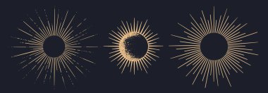 Güneş ışığı, güneş ışığı. Klasik ışık ışınları, güneş ışığı ve güneş ışınları. El çizimi siyah tasarım elementleri, doğrusal çizim, arka planda klasik retro tarzı. Vektör İllüstrasyonu