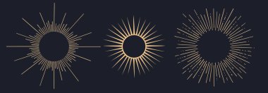 Güneş ışığı, güneş ışığı. Klasik ışık ışınları, güneş ışığı ve güneş ışınları. El çizimi siyah tasarım elementleri, doğrusal çizim, arka planda klasik retro tarzı. Vektör İllüstrasyonu