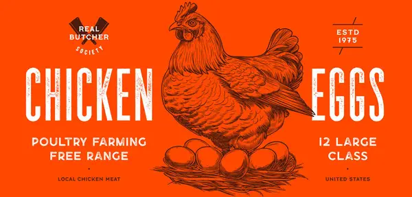 Huhn Henne Mit Nest Eier Etikett Tag Huhn Skizze Tusche — Stockvektor