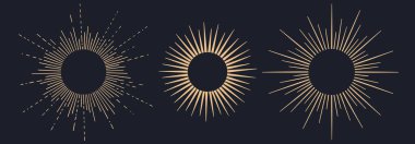Güneş ışığı, güneş ışığı. Klasik ışık ışınları, güneş ışığı ve güneş ışınları. El çizimi siyah tasarım elementleri, doğrusal çizim, arka planda klasik retro tarzı. Vektör İllüstrasyonu