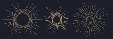 Güneş ışığı, güneş ışığı. Klasik ışık ışınları, güneş ışığı ve güneş ışınları. El çizimi siyah tasarım elementleri, doğrusal çizim, arka planda klasik retro tarzı. Vektör İllüstrasyonu