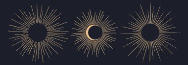 Güneş ışığı, güneş ışığı. Klasik ışık ışınları, güneş ışığı ve güneş ışınları. El çizimi siyah tasarım elementleri, doğrusal çizim, arka planda klasik retro tarzı. Vektör İllüstrasyonu