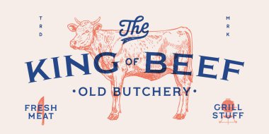 İnek, boğa, sığır kafası, etiket etiketi. Şablon Et Etiketi. Klasik inek baskısı, etiket, etiket, mürekkep çizimi. Kasap ineği, boğa, et dükkanı, yazı, tipografi. Vektör İllüstrasyonu