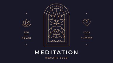 Meditasyon Sağlık Kulübü Etiketi. Minimalist çizgi sanat logosu şablonu. Basit modern tasarım çizgisi grafiksel yoga meditasyonu rahat kulüp rozeti. Sembol çizgisi ikonu yoga meditasyon işareti. Vektör İllüstrasyonu