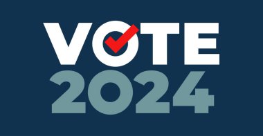 Oylar 2024 'e. ABD başkanlık seçimi 2024. Oylama, rozet, çıkartma. Başkanlık seçim bayrağı 2024, poster, imza. Siyasi seçim kampanyası sembolü. Vektör İllüstrasyonu