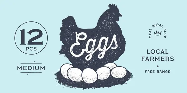 Huhn Henne Mit Nest Eier Etikett Etikett Hühnernest Eier Skizzieren lizenzfreie Stockvektoren