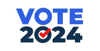 Oylar 2024 'e. ABD başkanlık seçimi 2024. Oylama, rozet, çıkartma. Başkanlık seçim bayrağı 2024, poster, imza. Siyasi seçim kampanyası sembolü. Vektör İllüstrasyonu