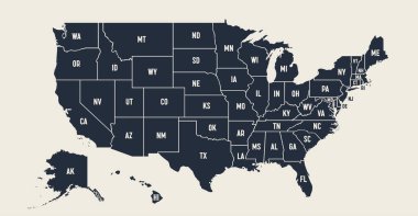 ABD Haritası. Amerika Birleşik Devletleri 'nin poster haritası. Infographic Design, State, poster ya da coğrafi temalı ABD. Birleşik Devletler 'in haritası, siluet taslağı. Vektör İllüstrasyonu