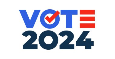 Oylar 2024 'e. ABD başkanlık seçimi 2024. Oylama, rozet, çıkartma. Başkanlık seçim bayrağı 2024, poster, imza. Siyasi seçim kampanyası sembolü. Vektör İllüstrasyonu