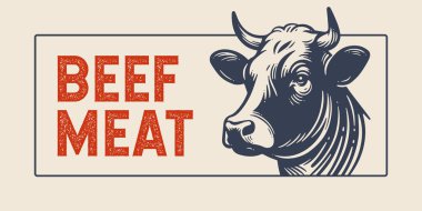 İnek, boğa, sığır eti. Boynuzlu siyah inek kafası silueti. Eski model baskı, siyah beyaz inek, boğa, sığır eti eskizi. Çizim çizimi silueti baş inek. Vektör İllüstrasyonu