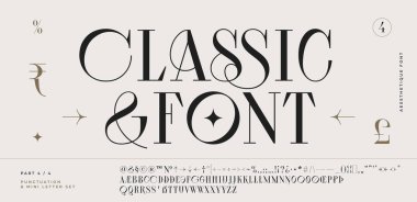 Klasik serif yazı tipi. Manşet alfabesi alfabesi, grafik elementler, işaret, sembol, alternatif harfler. Tasarım, tipografik Vektör İllüstrasyonu için klasik serif yazı tipi alfabesi