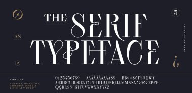 Klasik serif yazı tipi. Manşet alfabesi alfabesi, grafik elementler, işaret, sembol, alternatif harfler. Tasarım, tipografik Vektör İllüstrasyonu için klasik serif yazı tipi alfabesi