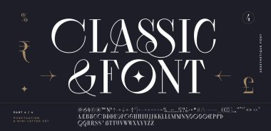 Klasik serif yazı tipi. Manşet alfabesi alfabesi, grafik elementler, işaret, sembol, alternatif harfler. Tasarım, tipografik Vektör İllüstrasyonu için klasik serif yazı tipi alfabesi