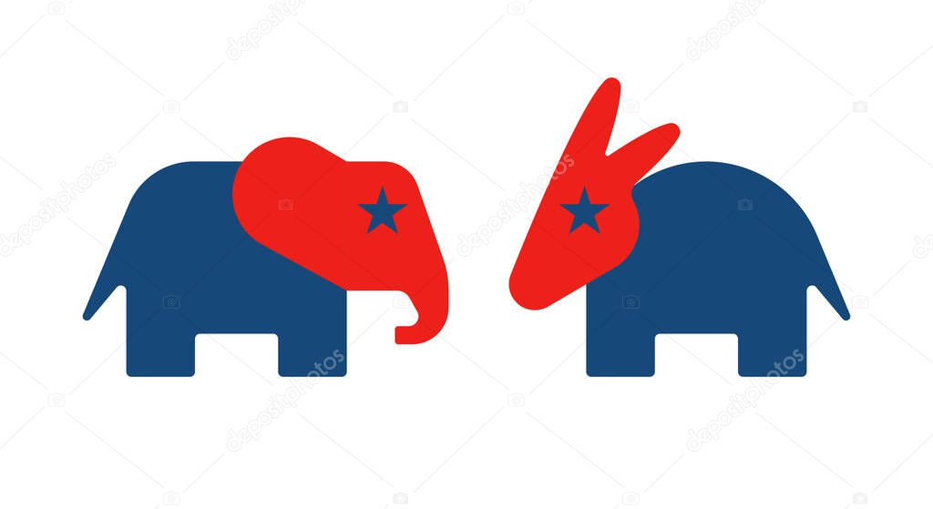 USA election. Republican elephant, Democrat donkey. Iconic symbols of USA, Republican and Democrat parties sign. American political identity, donkey, elephant logo. Vector Illustration.
