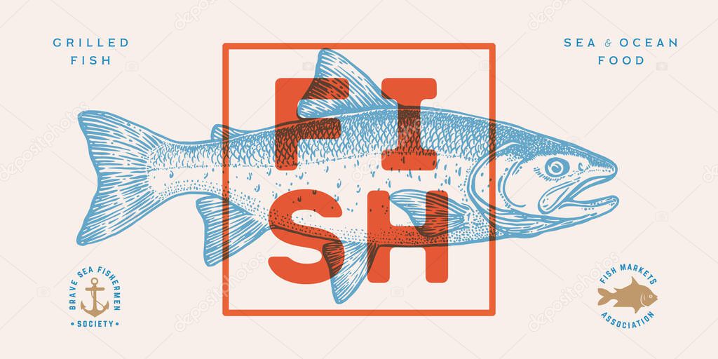 Salmon fish seafood, sketch. Vintage retro print, seafood salmon fish sketch, logo sign template, ink pencil style drawing, engrave old school. Hand drawn sketch salmon fish. Vector Illustration