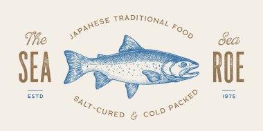 Somon balığı, deniz ürünleri, taslak. Eski model baskı, deniz mahsulü somon balığı eskizi, logo işareti şablonu, mürekkep kalem çizimi, eski usul oyma. El çizimi somon balığı. Vektör İllüstrasyonu