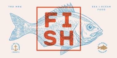 Çipura, balık, Dorado, deniz ürünleri, skeç. Eski model baskı, deniz ürünleri eskizi, logo işareti şablonu, mürekkep kalem çizimi, eski usul oyma. El çizimi balık. Vektör İllüstrasyonu