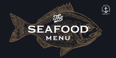 Çipura, balık, Dorado, deniz ürünleri, skeç. Eski model baskı, deniz ürünleri eskizi, logo işareti şablonu, mürekkep kalem çizimi, eski usul oyma. El çizimi balık. Vektör İllüstrasyonu