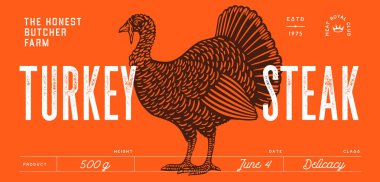 Hindi. Etiket, etiket. Paketleme. Eski moda baskı, siyah beyaz hindi çizimi, eski usul oyma. Beyaz arka planda resim çizimi silueti hindi. Yan görüntü profili. Vektör İllüstrasyonu