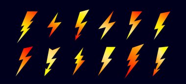 Şimşek, şimşek, şimşek. Enerji simgesi seti, yıldırım şimşeği sembolü. Basit yıldırımlar, şimşekler, şimşekler, soyut şekiller, tasarım elementleri. Vektör İllüstrasyonu