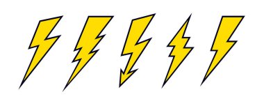 Şimşek, şimşek, şimşek. Enerji simgesi seti, yıldırım şimşeği sembolü. Basit yıldırımlar, şimşekler, şimşekler, soyut şekiller, tasarım elementleri. Vektör İllüstrasyonu