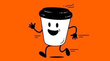 Kahve fincanı, komik karakter maskotu. Tasarım şablonu, logo, tabela, reklam, markalaşma ve poster için grafik öğesi. Komik kahve fincanı, çizgi film karakteri maskotu, gülümseyen kahve fincanı. Vektör İllüstrasyonu