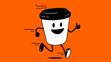 Kahve fincanı, komik karakter maskotu. Tasarım şablonu, logo, tabela, reklam, markalaşma ve poster için grafik öğesi. Komik kahve fincanı, çizgi film karakteri maskotu, gülümseyen kahve fincanı. Vektör İllüstrasyonu