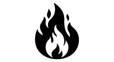 Ateş, alev, şenlik ateşi. Ateş ikonu, beyaz arka planda soyut bir tarz. Düz ateş sembolü, şenlik ateşi işareti, alevli kamp ateşi emojisi. En az grafik stili olan ateş topu kampı. Vektör İllüstrasyonu