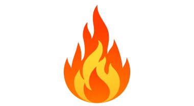 Ateş, alev, şenlik ateşi. Ateş ikonu, beyaz arka planda soyut bir tarz. Düz ateş sembolü, şenlik ateşi işareti, alevli kamp ateşi emojisi. En az grafik stili olan ateş topu kampı. Vektör İllüstrasyonu