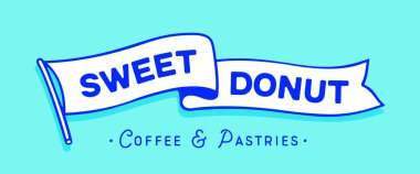 Bayrak kurdele şablonu. Klasik kurdele bayrağı, tatlı çörek, kahveli pasta, kafe. Grafiksel retro bayrak, kurdele, poster pankartı. Retro tarzı, kafe için kafe, bar, restoran. Vektör İllüstrasyonu