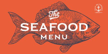 Çipura, balık, Dorado, deniz ürünleri, skeç. Eski model baskı, deniz ürünleri eskizi, logo işareti şablonu, mürekkep kalem çizimi, eski usul oyma. El çizimi balık. Vektör İllüstrasyonu