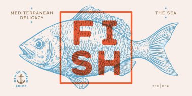 Çipura, balık, Dorado, deniz ürünleri, skeç. Eski model baskı, deniz ürünleri eskizi, logo işareti şablonu, mürekkep kalem çizimi, eski usul oyma. El çizimi balık. Vektör İllüstrasyonu