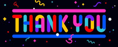 Teşekkür ederim. Komik afiş, konuşma balonu, poster etiketi konsepti. Geometrik renkli eğlence tarzı, parlak bir gece partisi, mesajla. Teşekkürler. Konuşma, mesaj, mesaj. Teşekkürler. Vektör İllüstrasyonu