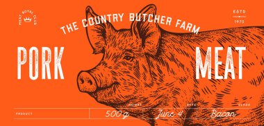 Domuz, domuz, domuz, etiket etiketi. Şablon Etiketi. Klasik baskı, etiket, etiket çiftlik domuzu çizimi mürekkep kalem stili çizim. Kasaplık, domuz çiftliği, et dükkanı, yazı, tipografi. Vektör İllüstrasyonu