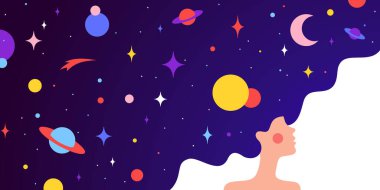 Rüya evreni kadın figürünün içinden akar, saçlarında kozmik gece gökyüzü olan bir kız. Kadın hayal gücü parlar, düz stili olan kız, evren rüyası kadın kozmosunu sarar. Vektör İllüstrasyonu