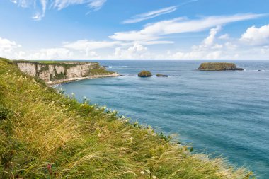 Carrick-a-rede ip köprüsünün tepeleri Ballintoy, Co. Antrim 'de. Kuzey İrlanda 'nın manzarası. Causeway Sahil Yolu' nda seyahat ediyor..