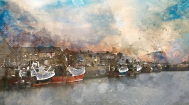 Dublin 'deki bir balıkçı köyü olan Howth kasabasındaki balıkçı teknelerinin muhteşem manzara görüntüsünün dijital suluboya resmi. İrlanda.