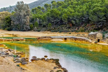 Huelva, Endülüs, İspanya 'da çam ormanlı Odiel nehrindeki eski su değirmeni..