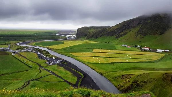 Casas Rurales Islandesas Medio Una Llanura Verde Skogar Islandés — Foto de Stock