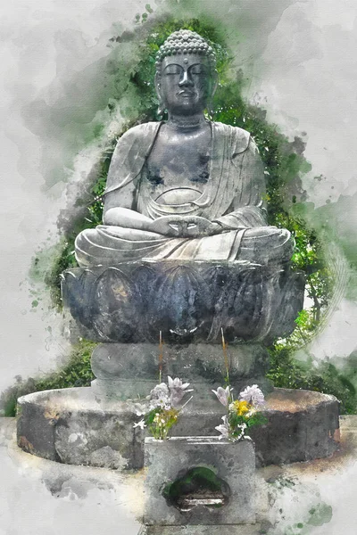 Pintura Aquarela Digital Bela Vista Imagem Estátua Buddha Japonês Tóquio — Fotografia de Stock
