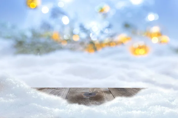 Χειμερινά Χριστούγεννα Φόντο Ξύλινο Τραπέζι Και Θαμπάδα Αφηρημένα Φώτα — Φωτογραφία Αρχείου