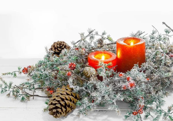 Christmas Candles Snowy Fir Branches Space Text — Stock Photo, Image