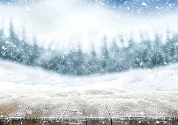 Xmas Зимове Тло Зимовий Сніговий Пейзаж Сільський Стіл Дерева Снігом — стокове фото