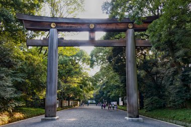 Tokyo 'daki Meiji Jingu Tapınağı' na giriş. Tahta torii kapısı. Tokyo, Japonya.